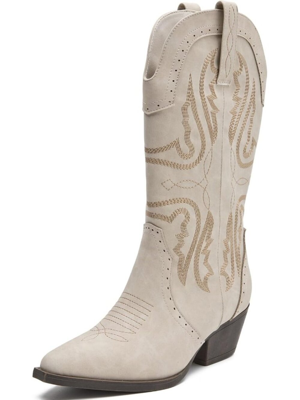 Women's White Mid Calf Embroidered Western Snip Toe Chunky Heel Cowboy Boot